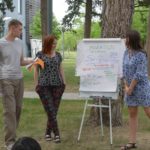 the whole group sits in the semi-circle facing the trainer. There is a flipchart on the left which says "Migration - Challenge for the World"